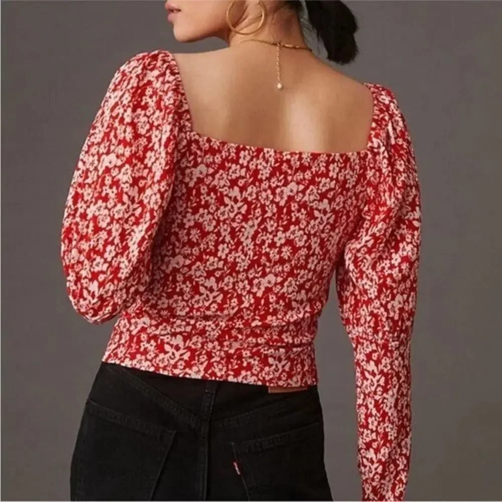 NEW Anthropologie Sweetheart Red White Floral Peasant Boho Top